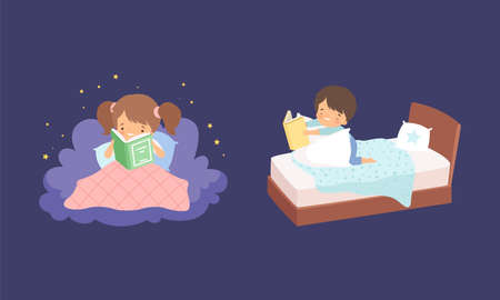 Cute Little Boy and Girl on Soft Cloud and Bed at Night and Reading Bedtime Story Vector Setのイラスト素材
