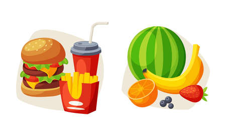 Fruits with Watermelon and Banana and Fast Food with Hamburger and Soda Vector Setのイラスト素材