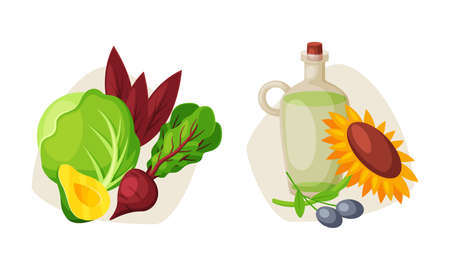 Vegetable Crop with Cabbage and Beetroot and Sunflower Oil in Jar Vector Setのイラスト素材