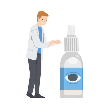 Ophthalmology with Man Health Care Professional with Huge Eye Drops Bottle Vector Illustrationのイラスト素材
