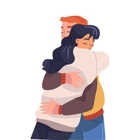 Man and Woman Character Hugging and Embracing Each Other Expressing Friendly Feeling Vector Illustrationのイラスト素材