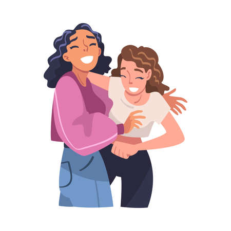Woman Character Hugging and Embracing Each Other Expressing Friendly Feeling Vector Illustrationのイラスト素材