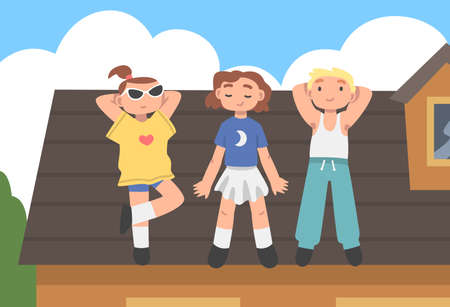 Man and Woman Character Lying on the Roof Sky Watching Vector Illustrationのイラスト素材