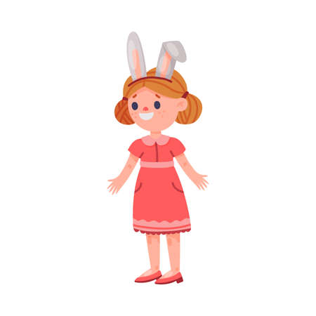 Little Girl Character with Bunny Ear Band on Her Head as Party Birthday Photo Booth Prop Vector Illustration.のイラスト素材
