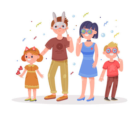 Family with Kids Wearing Party Birthday Photo Booth Props Standing and Smiling Vector Illustrationのイラスト素材