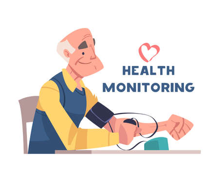 Alzheimer Prevention with Elderly Man Measuring Blood Pressure Health Monitoring Vector Illustrationのイラスト素材