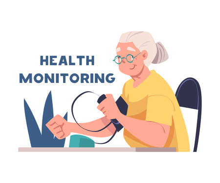 Alzheimer Prevention with Elderly Woman in Glasses Measuring Blood Pressure Health Monitoring Vector Illustrationのイラスト素材