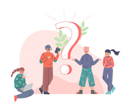 Puzzled People Character Asking Question and Searching for Answer Around Interrogation Mark Vector Illustrationのイラスト素材
