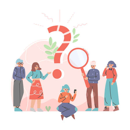 Puzzled People Character Asking Question and Searching for Answer Around Interrogation Mark Vector Illustrationのイラスト素材