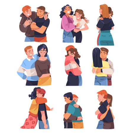 People Character Hugging and Embracing Each Other Expressing Friendly Feeling Vector Setのイラスト素材