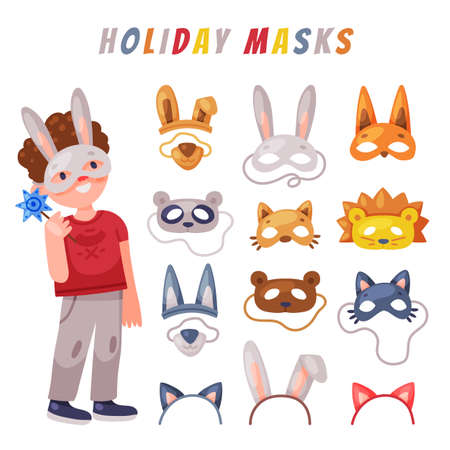 Party Birthday Photo Booth Props and Happy Little Boy Vector Setのイラスト素材