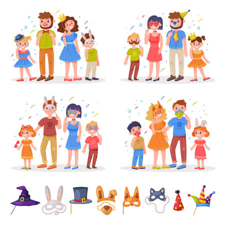 Family with Kids Wearing Party Birthday Photo Booth Props Standing and Smiling Vector Setのイラスト素材