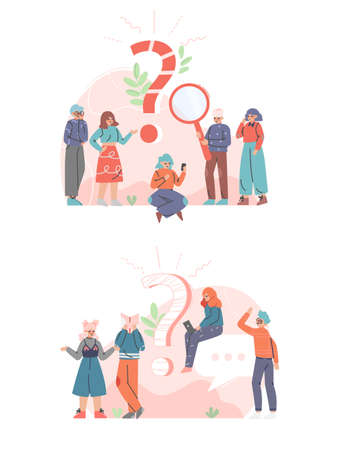 Puzzled People Character Asking Question and Searching for Answer Around Interrogation Mark Vector Illustration Setのイラスト素材