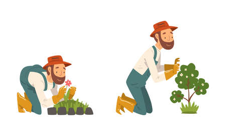 Bearded Man Gardener in Bucket Hat and Gloves Cultivating Plant and Soil in the Yard Vector Setのイラスト素材