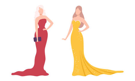 Beautiful Young Woman Standing in Evening Outfit Vector Setのイラスト素材