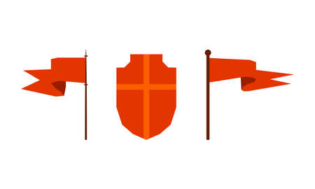 Red Royal Flag on Pole as Medieval Monarchy Symbol and Castle Tower Element Vector Setのイラスト素材