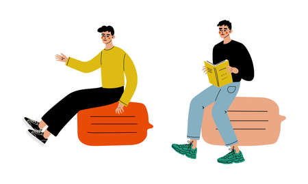 Trendy Student Character with Open Book Searching for Answer and Idea Vector Setのイラスト素材