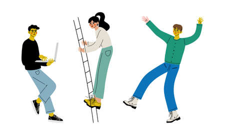 Trendy Student Character with Laptop and Ladder Searching for Answer and Idea Vector Setのイラスト素材