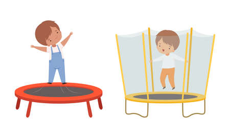 Cute Little Kids Bouncing on Trampoline Jumping with Laugh Vector Setのイラスト素材