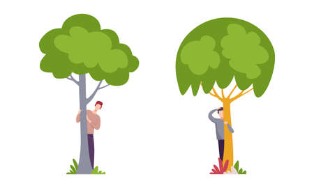Man Character Standing Behind Tree Trunk Peeking and Looking in Binocular Vector Setのイラスト素材