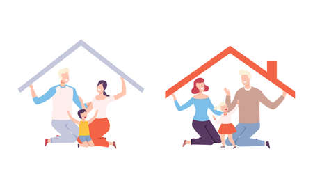 Happy Family with Father, Mother and Little Kids Under Home Roof Protection Vector Setのイラスト素材