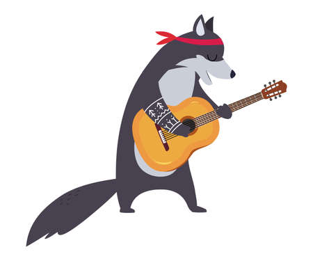 Funny Wolf Character Playing Guitar Performing Concert Vector Illustrationのイラスト素材
