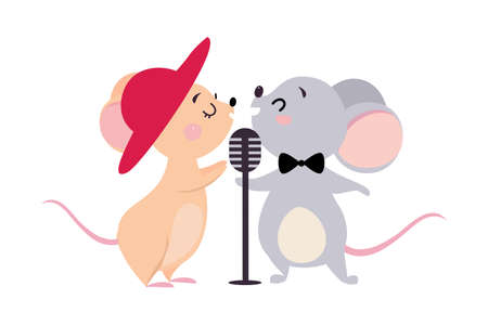 Funny Mouse Character in Hat and Bow Tie Singing in Microphone Performing Concert Vector Illustrationのイラスト素材