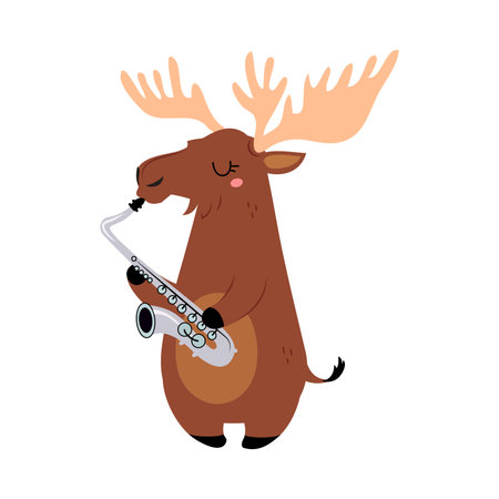 Funny Elk Character Playing Saxophone Performing Concert Vector Illustrationのイラスト素材
