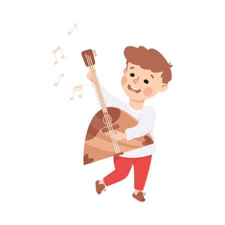 Funny Boy Playing Balalaika Musical Instrument Performing on Stage Vector Illustrationのイラスト素材