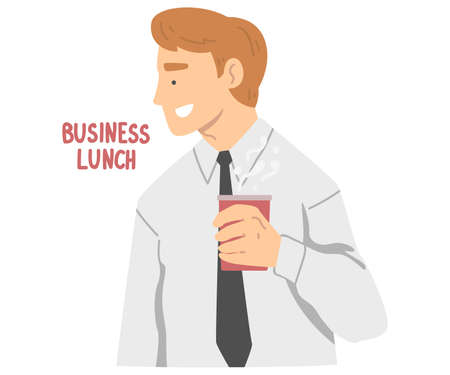 Smiling Office Employee with Coffee Cup at Lunch Time Having Day Routine Vector Illustrationのイラスト素材