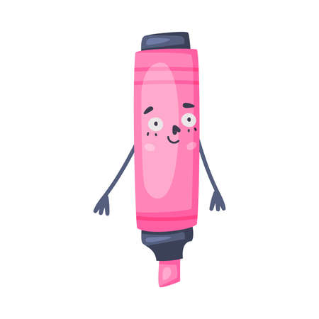Funny Pink Highlighter as Office Supply Humanized Character with Arm Vector Illustrationのイラスト素材