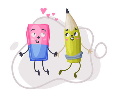 Smiling Eraser and Pencil in Love as Office Supply Humanized Character Holding Hands Vector Illustrationのイラスト素材