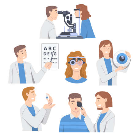 Ophthalmology with Health Care Professional Engaged in Eye Examination and Sight Test Vector Setのイラスト素材