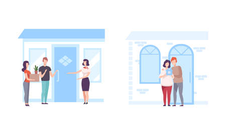 People Character Choosing and Buying House Meeting with Realtor and Moving to New Dwelling Vector Setのイラスト素材