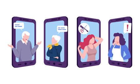 Smartphone Screen with People Character Communicating with Each Other Vector Setのイラスト素材