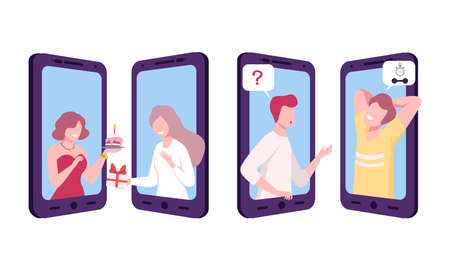 Smartphone Screen with People Character Communicating with Each Other Vector Setのイラスト素材