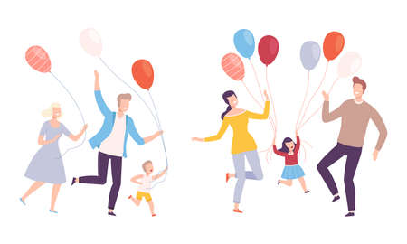 Family Weekend with Mother and Father Walking with Kids Holding Bunch of Colorful Balloons Vector Setのイラスト素材