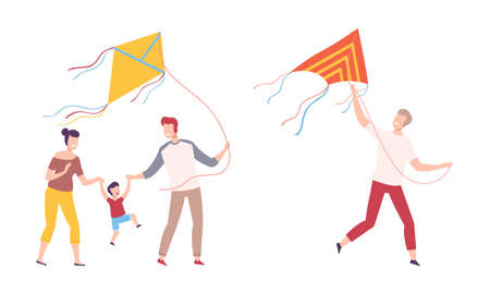 Happy Family with Kid Walking Flying Kite Vector Setのイラスト素材