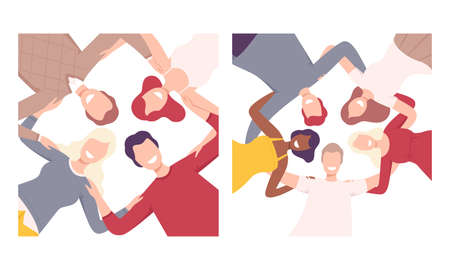 Group of Happy People Character Standing Together Forming Circle Vector Setのイラスト素材