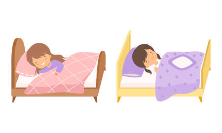Little Girl Sleeping Sweetly on Soft Pillow Under Blanket in Her Bed Vector Setのイラスト素材