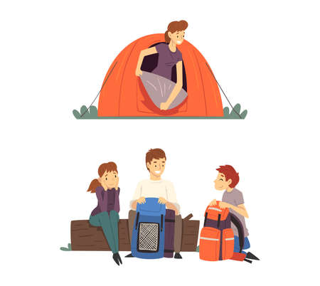 Young Man and Woman Traveler with Backpack in Tent and Sitting on Log Vector Setのイラスト素材
