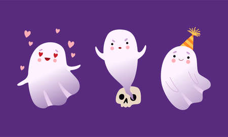 Cute Ghost with Smiling Face in Love and Wearing Birthday Hat Vector Setのイラスト素材