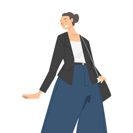 Woman Character in Formal Suit Standing with Handbag and Smiling Perspective View Vector Illustrationのイラスト素材
