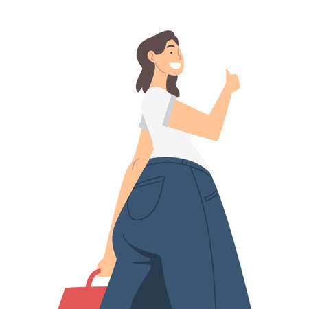 Woman Character in Formal Suit Standing with Briefcase and Smiling Showing Thumb Up Perspective View Vector Illustrationのイラスト素材