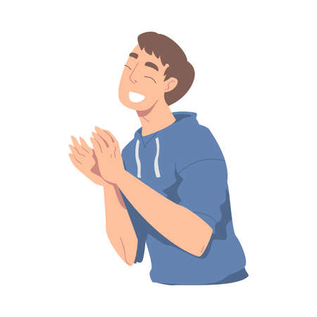 Excited Man Character Looking at Someone Clapping His Hands Demonstrating Attention Vector Illustrationのイラスト素材