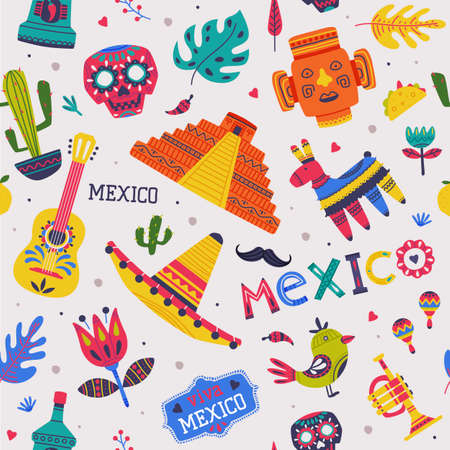 Bright Mexico Elements and Symbols Vector Seamless Pattern Templateのイラスト素材