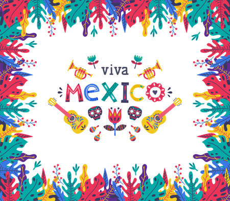 Bright Viva Mexico Decorative Frame with Authentic Elements and Symbols Vector Templateのイラスト素材