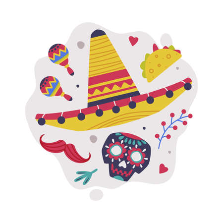 Bright Mexico Object with Sombrero Hat and Skull Element Vector Compositionのイラスト素材