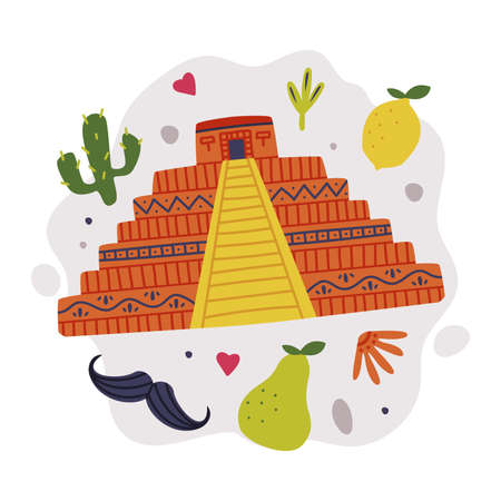 Bright Mexico Object with Pyramid and Cactus Element Vector Compositionのイラスト素材