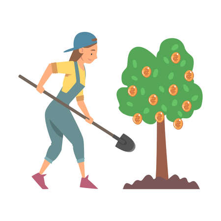Woman Character in Cap and Jumpsuit with Shovel Cultivating Money Tree Vector Illustrationのイラスト素材